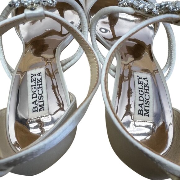 Badgley Mischka Laney Ivory Satin Rhinestone Embellished Heeled Sandals Sz 9 - Picture 6 of 10